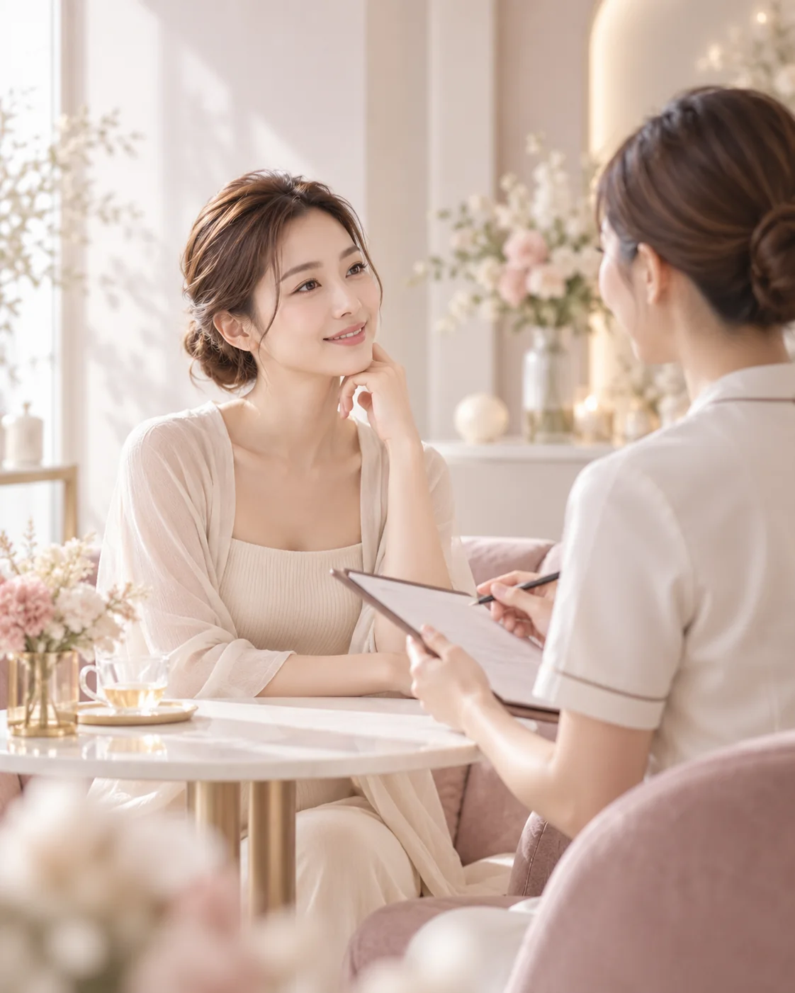 落ち着いたサロンでカウンセリングを受ける女性